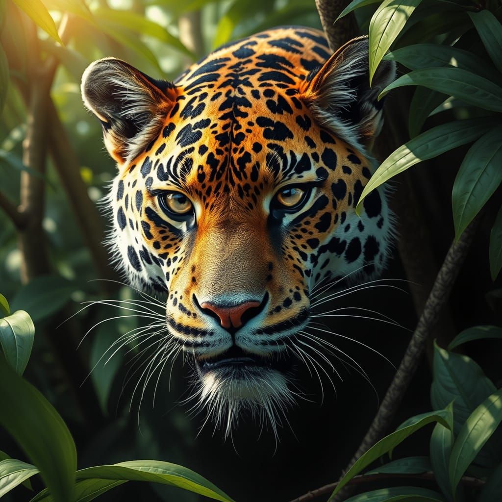 Hyperrealistic Jungle Animal in Dense Tropical Foliage