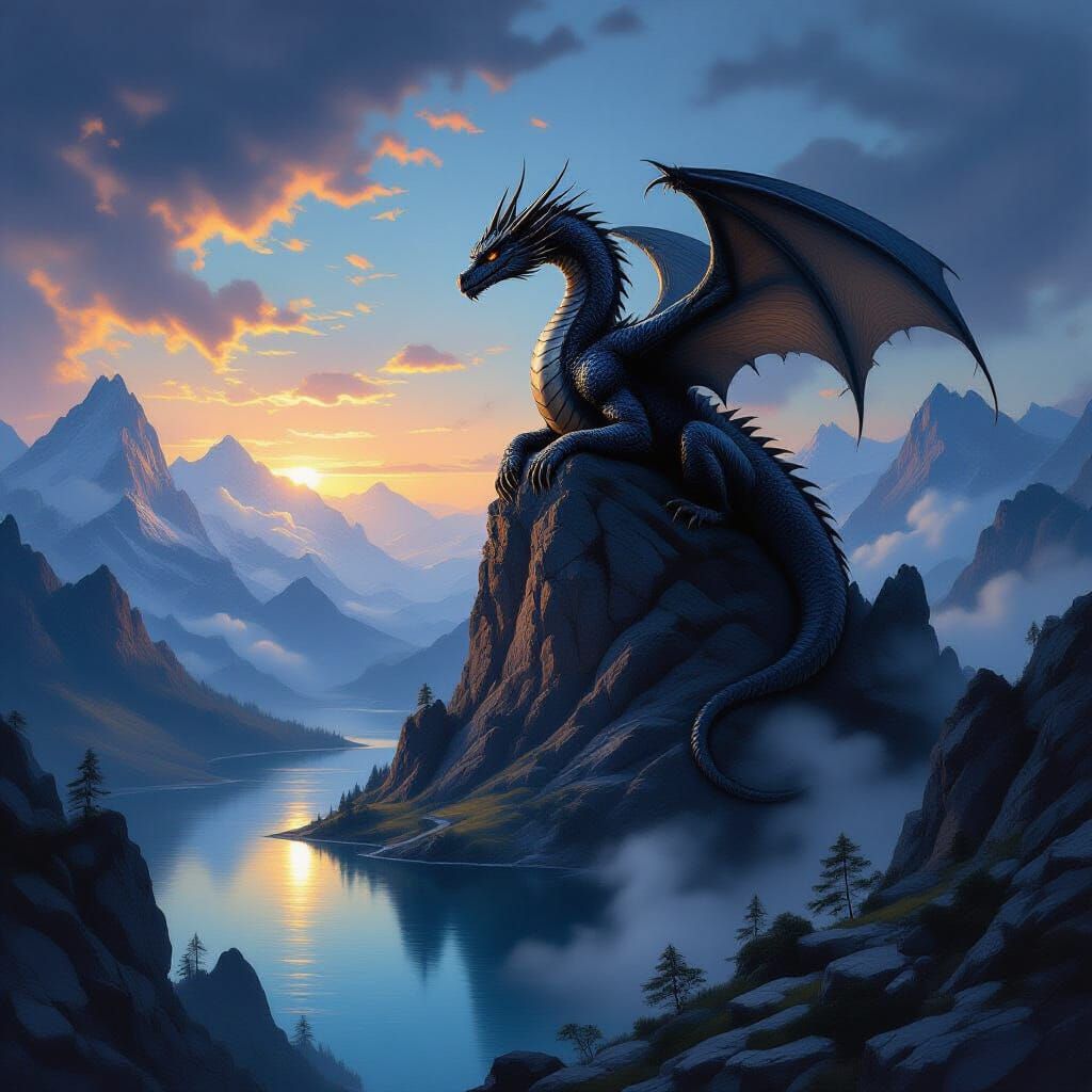 Ancient Dragon on Misty Peak, Oil Painting