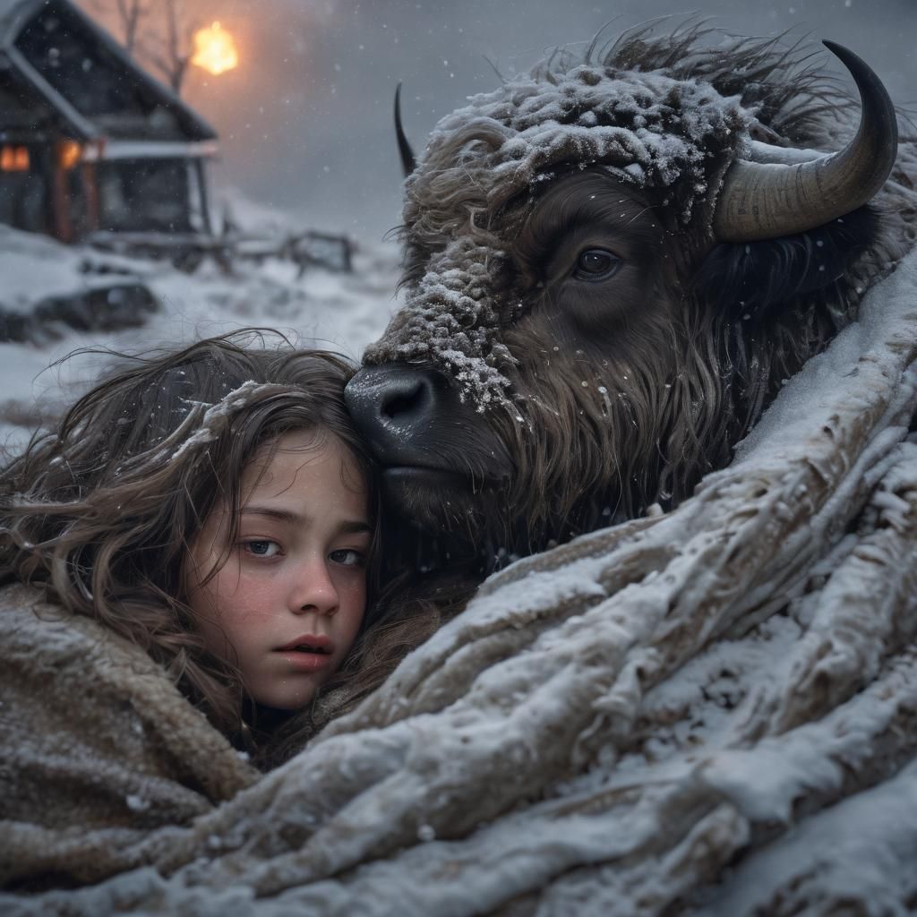 Buffalo Sheltering Child in Snowstorm
