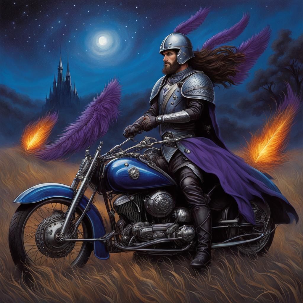 Motorcycle Knight in Jewel-toned Cyberpunk Style