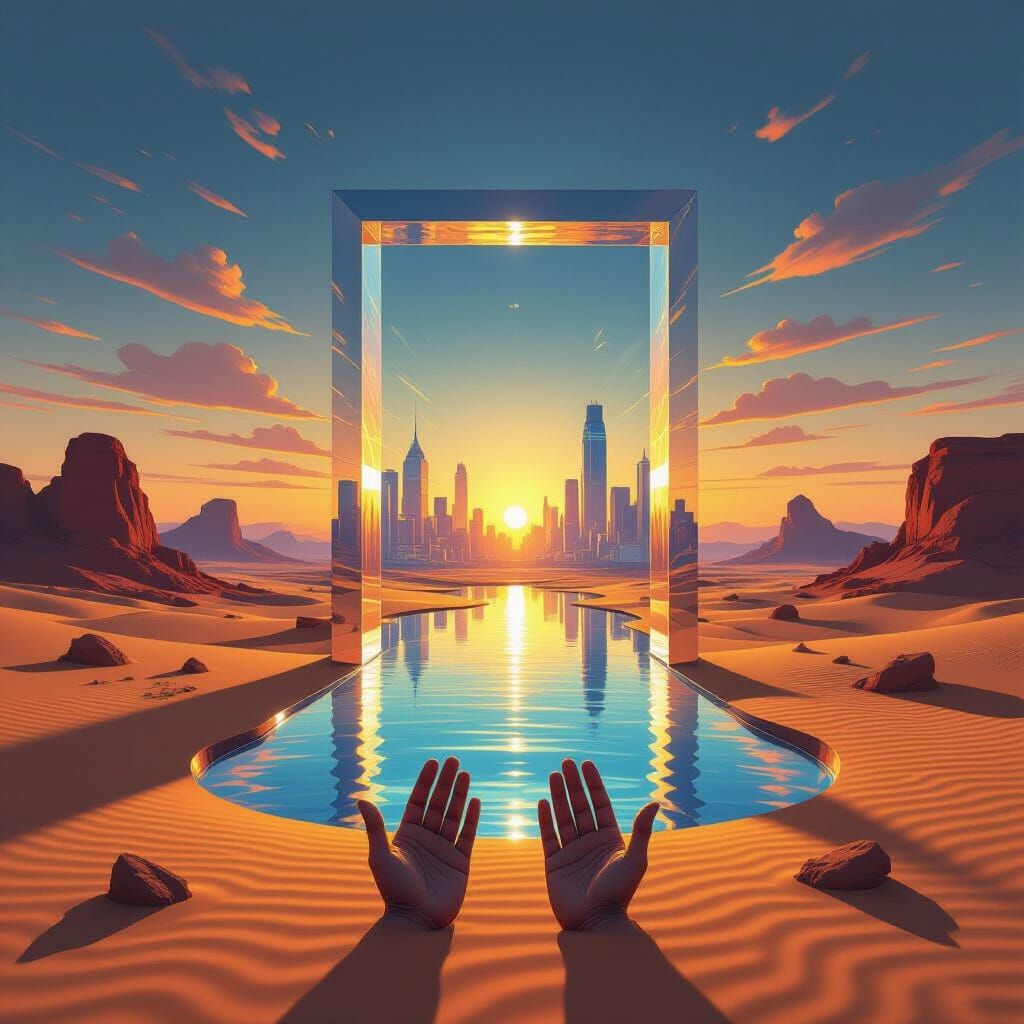 Surreal Desert Portal to Futuristic City at Sunset