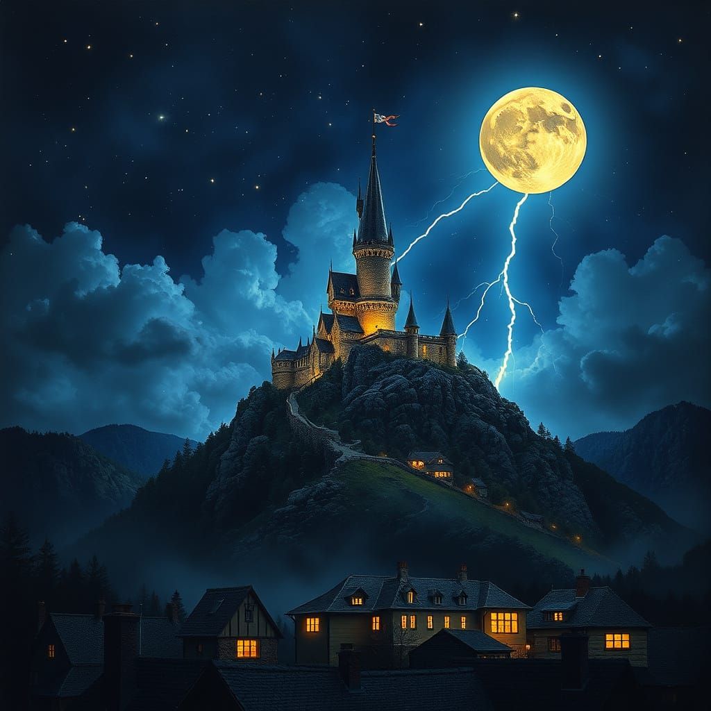 Ethereal Castle Scene Under Starry Night Sky with Lightning ...