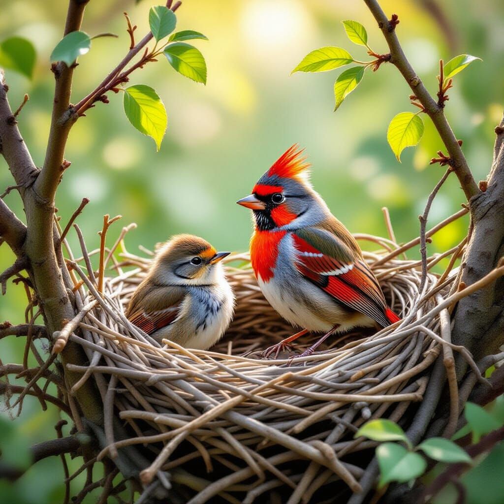 Robin Protecting Its Young in Nest, Wildlife Art