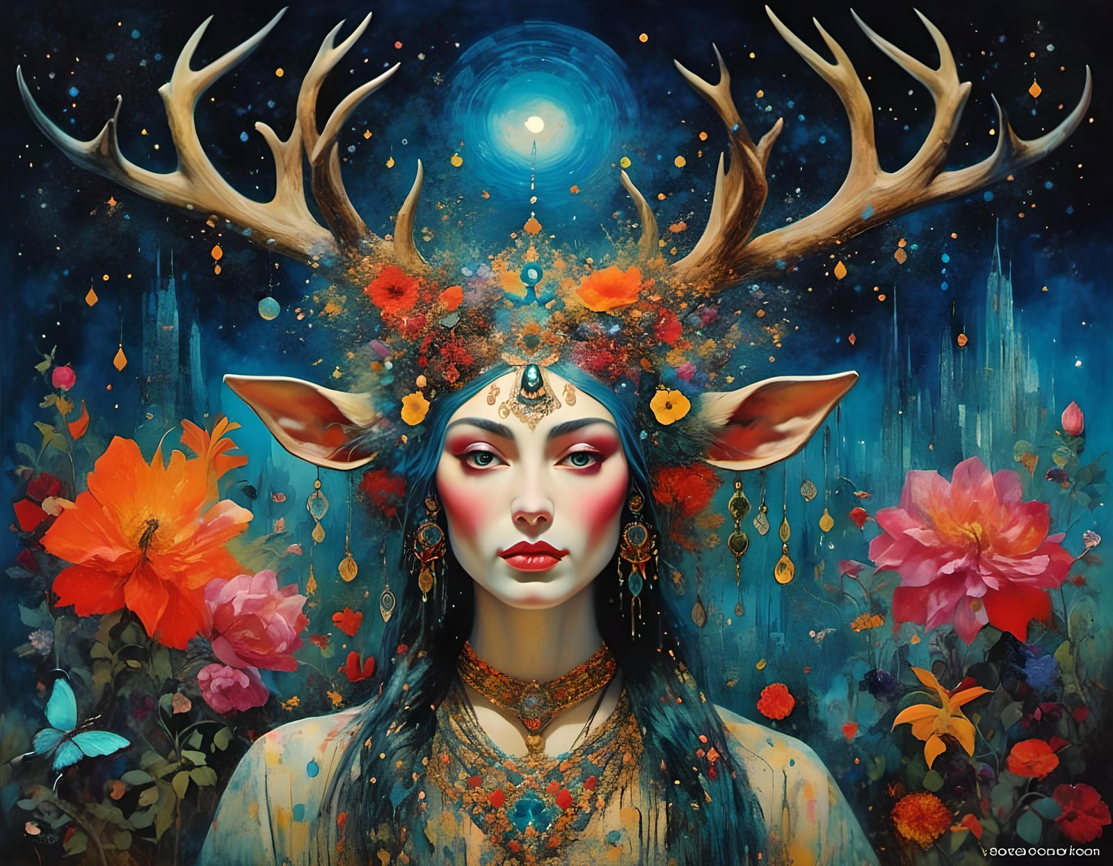 Antlered Sorceress in Psychedelic Floral Garden