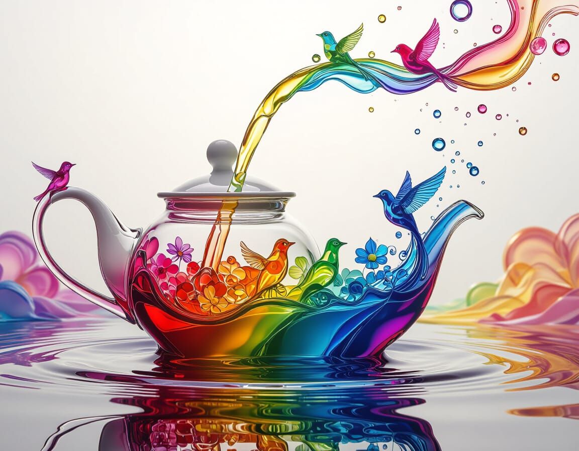 Rainbow Liquid Teapot Transforms Into Birds and Flowers