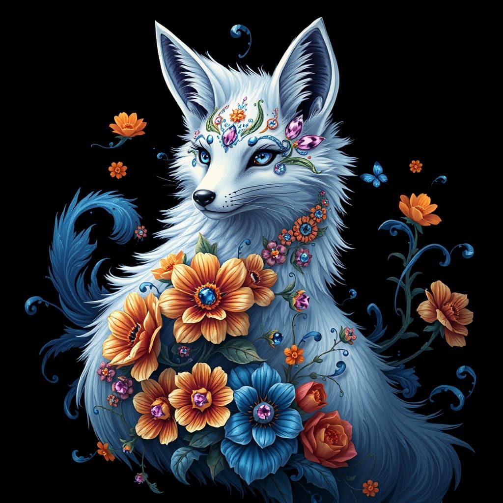 Whimsical White Fox in Vibrant Floral Fantasy