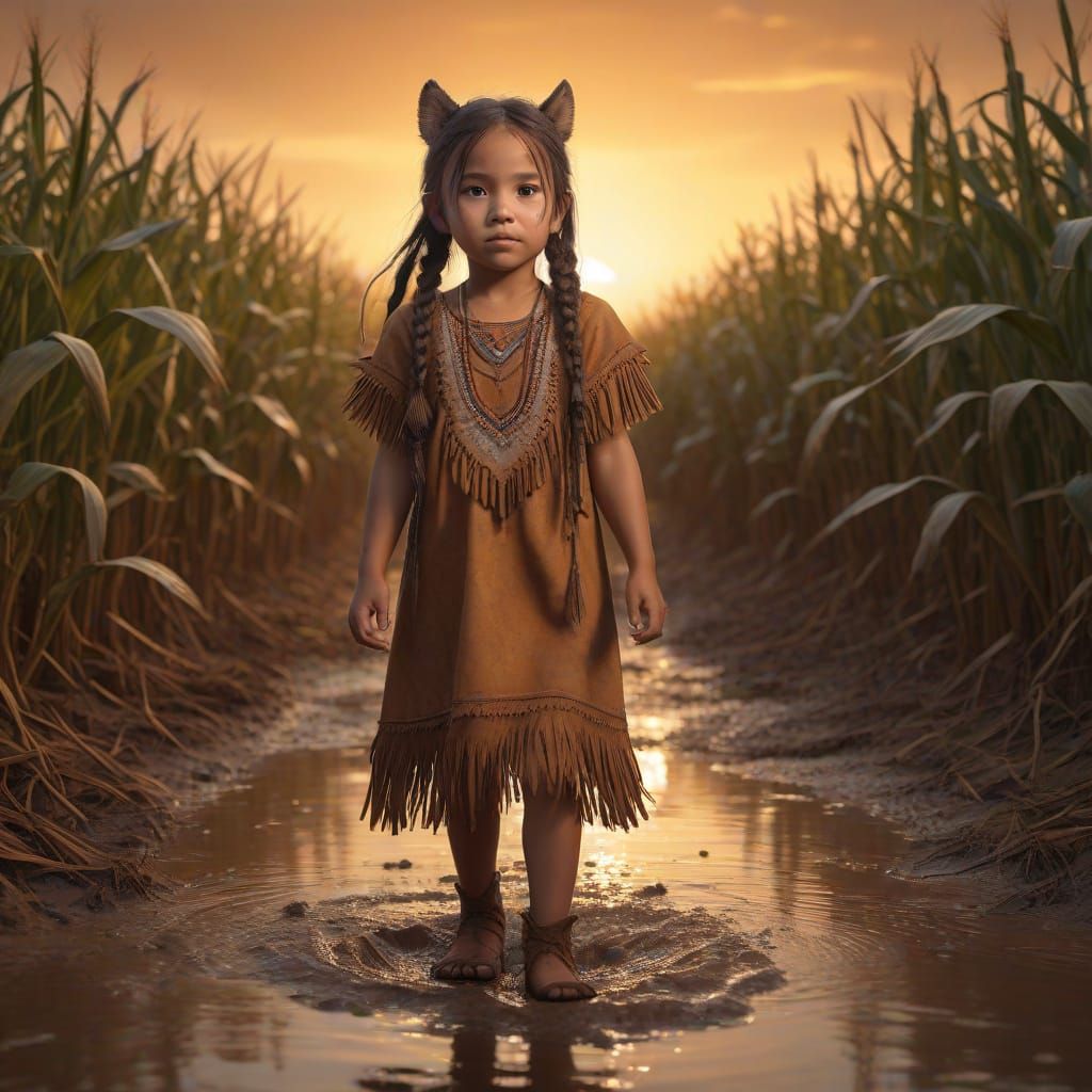 Native American Girl Plays with Wolf in Vibrant Cornfield
