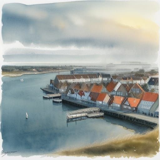 Husum Town Coastal View in Watercolor Style