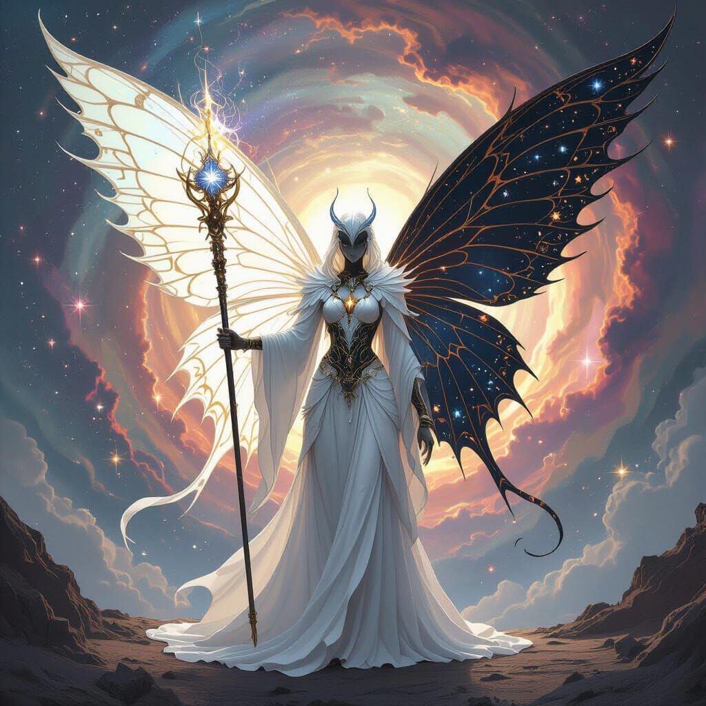Angelic Demonic Butterfly Before Cosmic Nebula