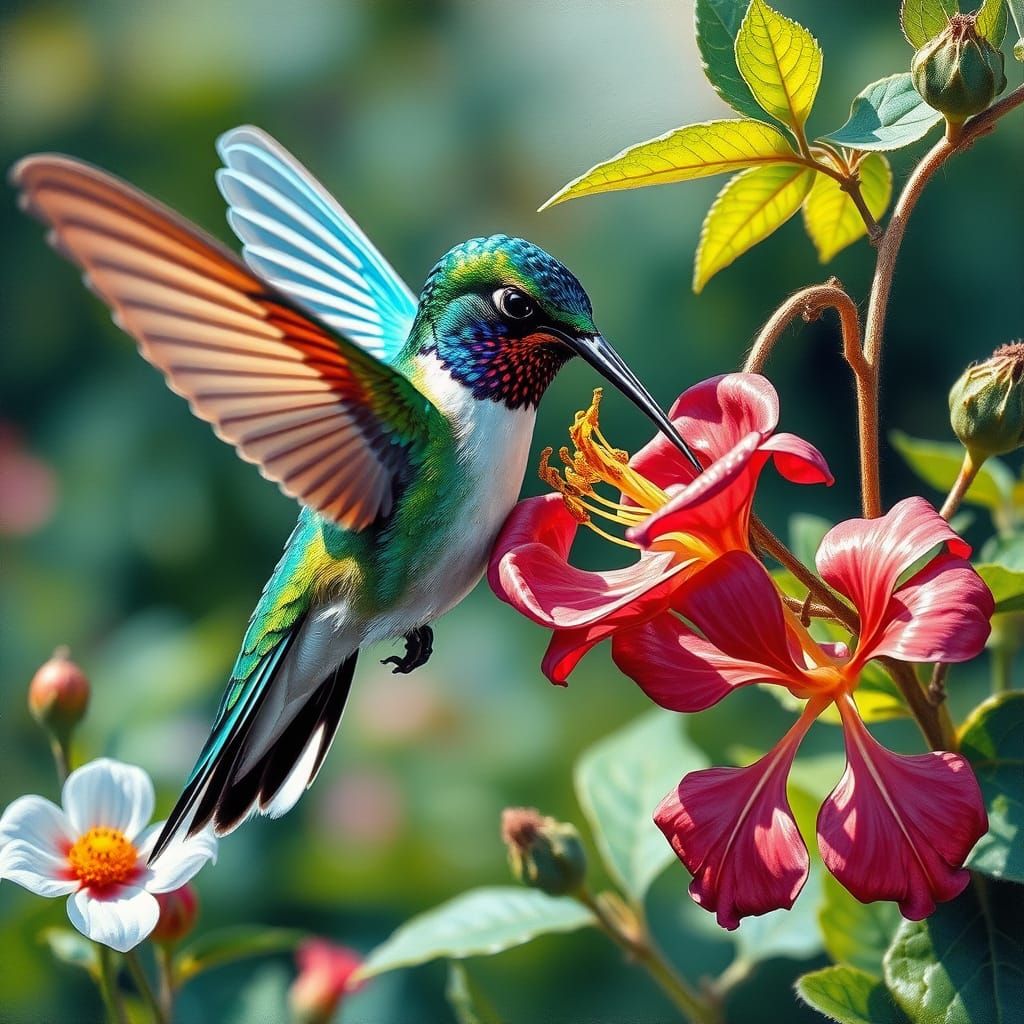 Iridescent Hummingbird Sipping Nectar, Neo-Impressionist Sty...
