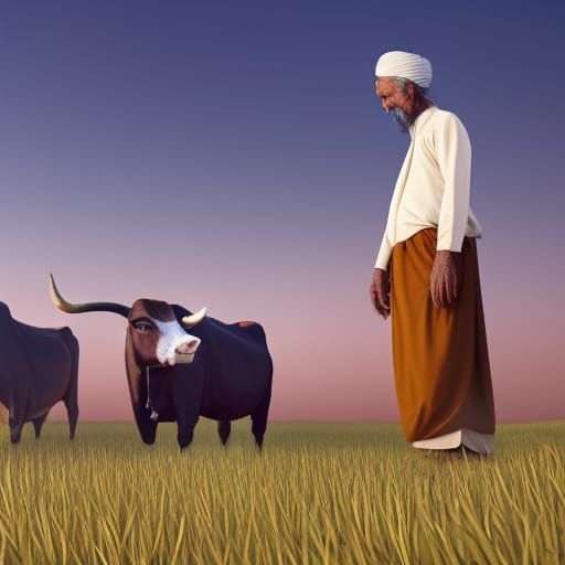 Anime Style: Old Man and Cow by Hut