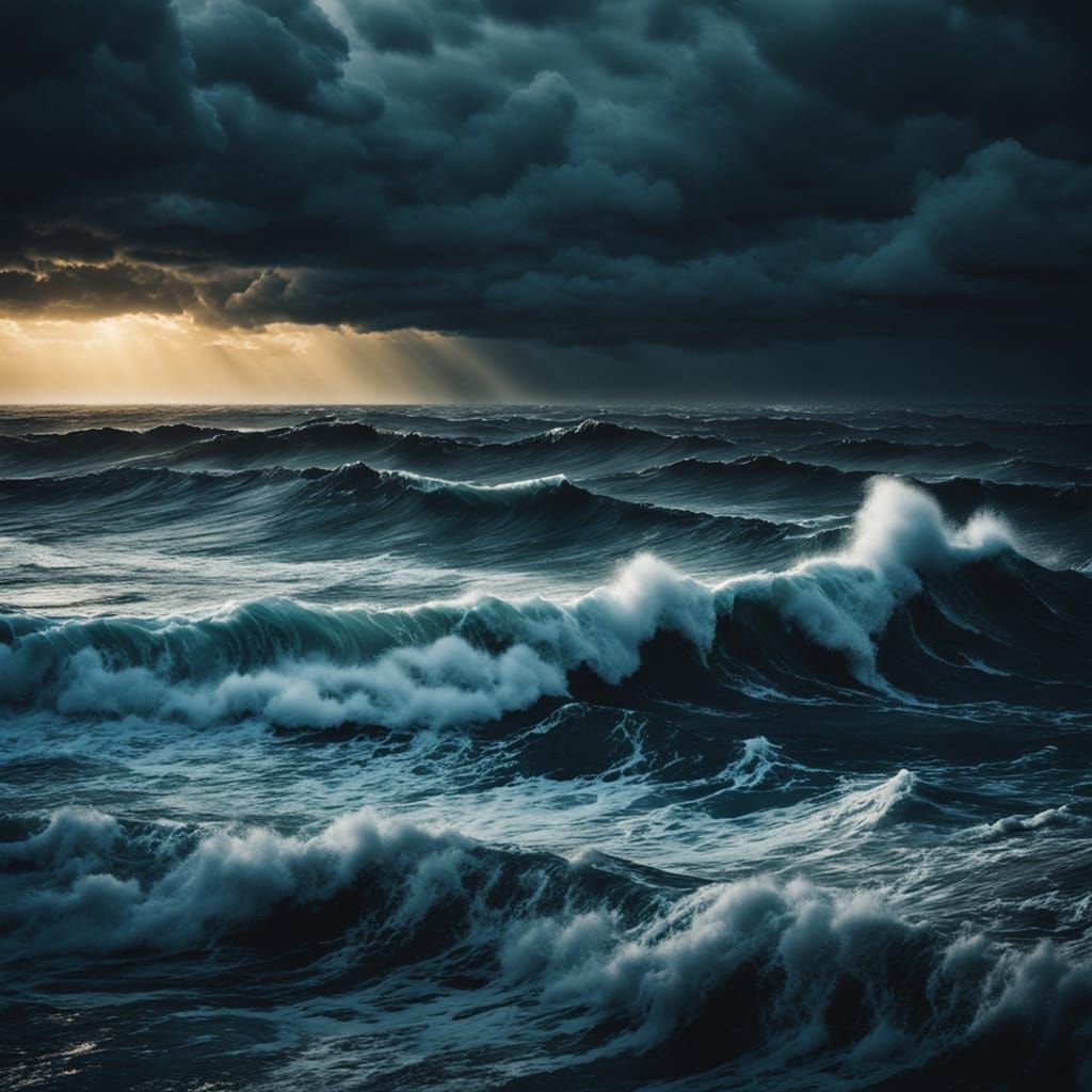 Stormy Seascape with Foaming Waves in Dramatic Film Style