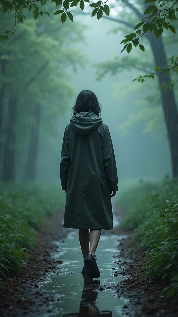 Woman in Rainy Forest, Cinematic Lighting