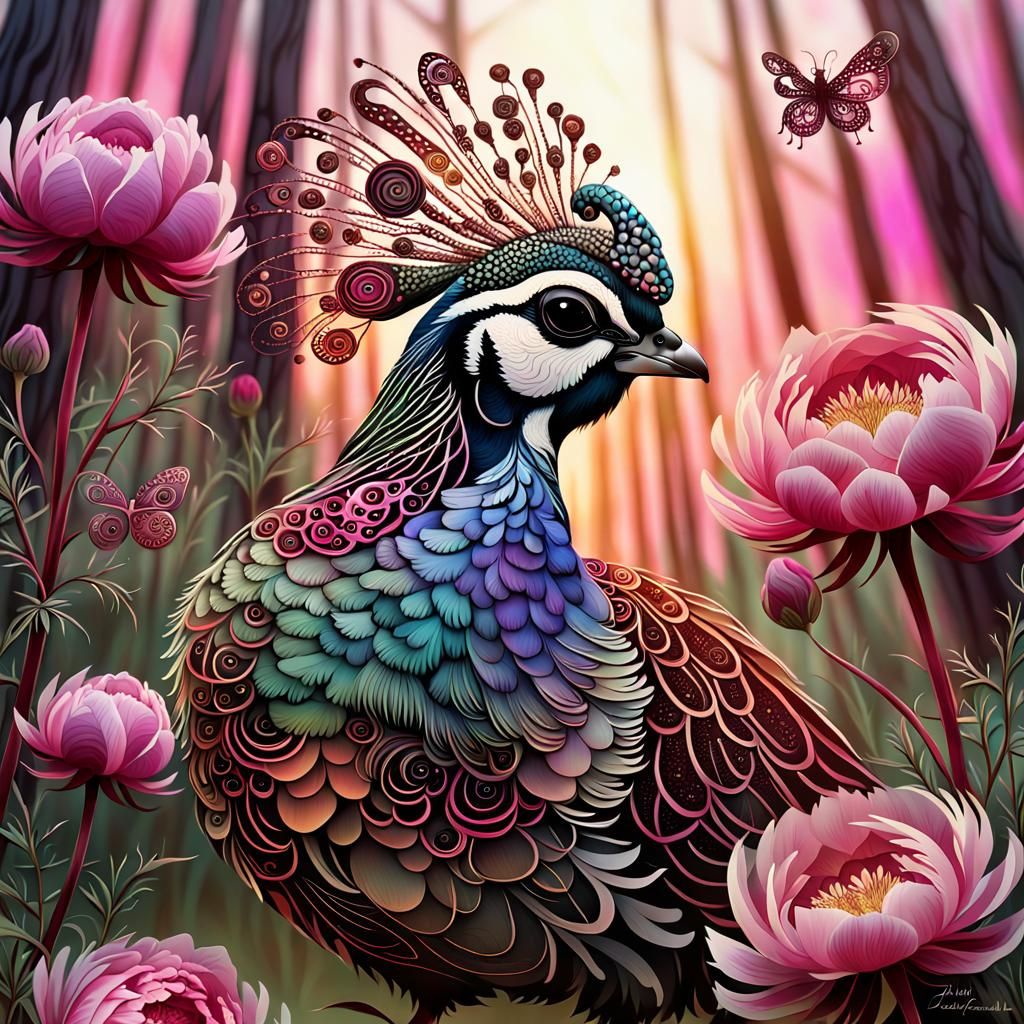 Intricate Filigree Quail Family in Ethereal Landscape