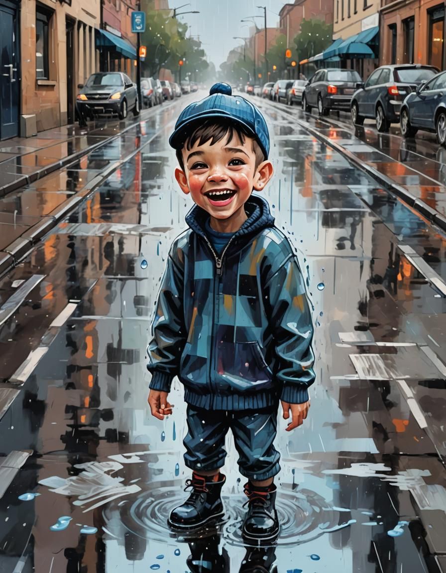 Whimsical Boy in Rainy Street: Expressionist Caricature