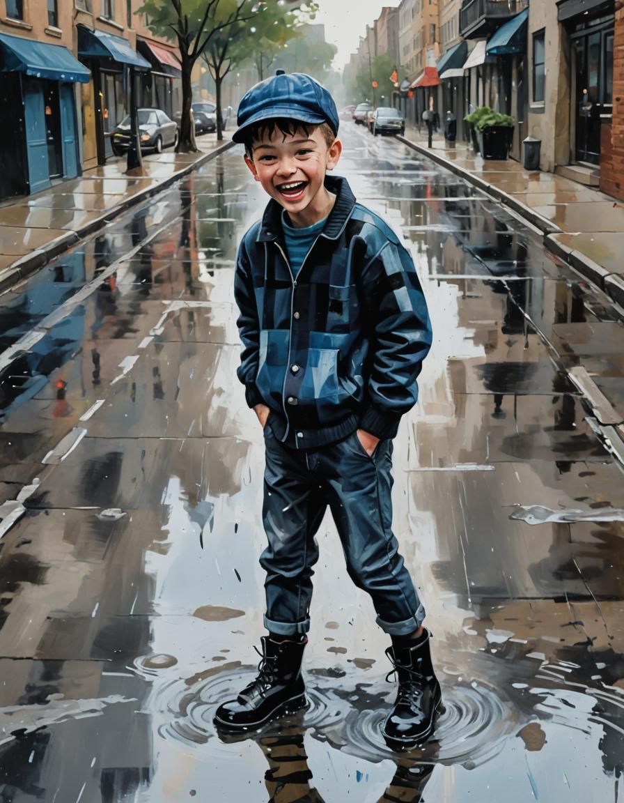 Joyous Boy in Rainy Street: Abstract Expressionism