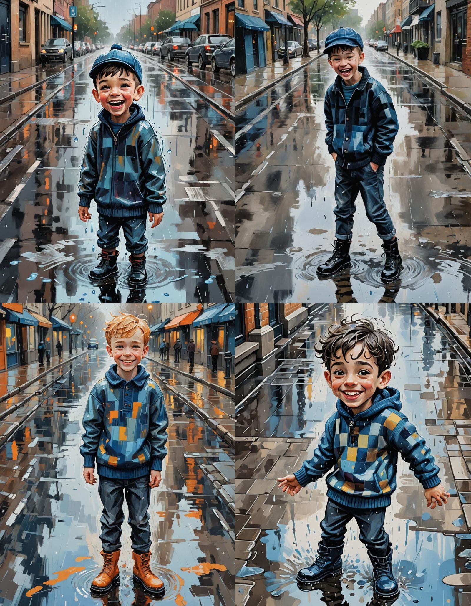 Smiling Jewish Boy in Rainy City Caricature