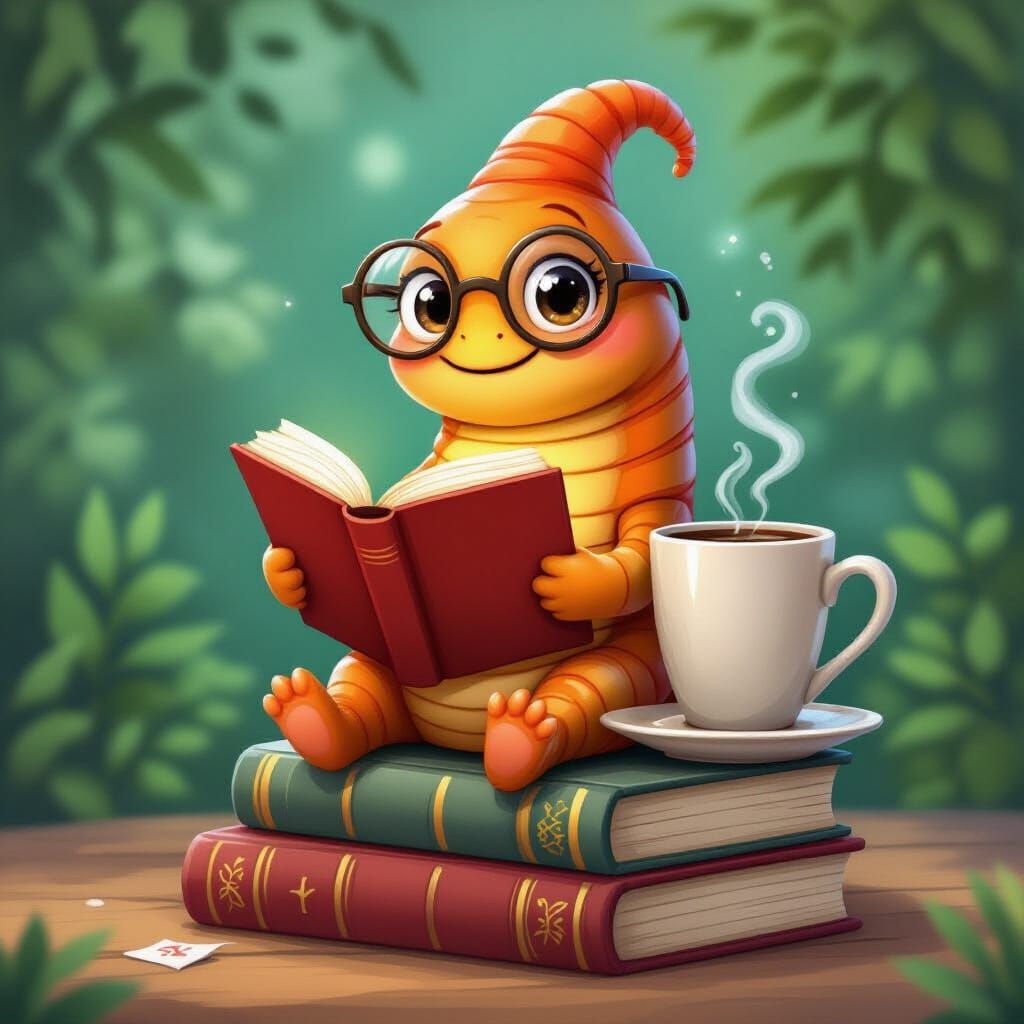 Cute Worm Reads Book With Coffee