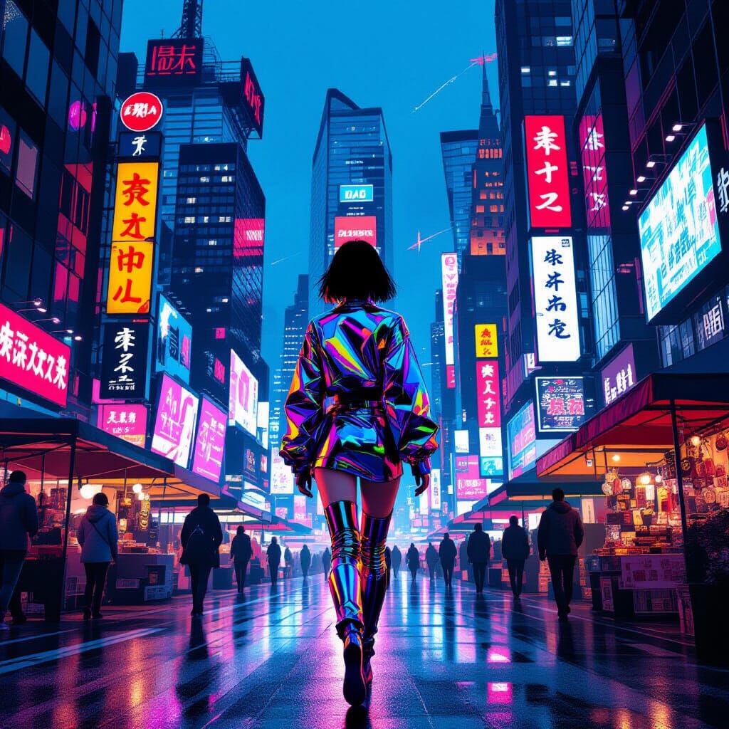 Y2K Cityscape with Woman in Neon Fashion