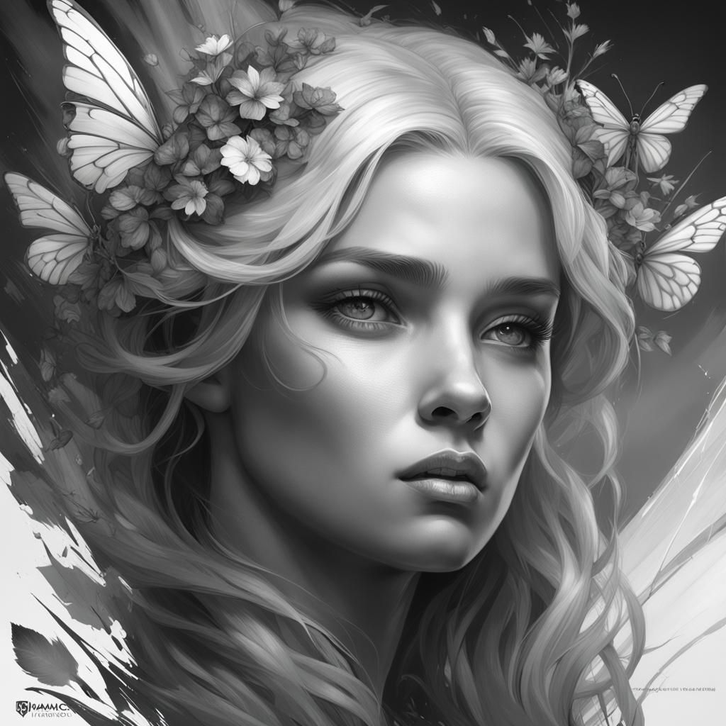 Detailed Black and White Fairy Portrait