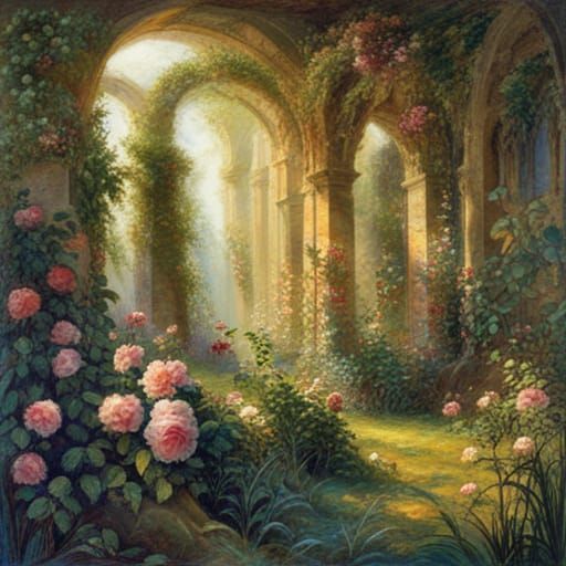 Sunlit Roses in Ruined Fairytale Garden