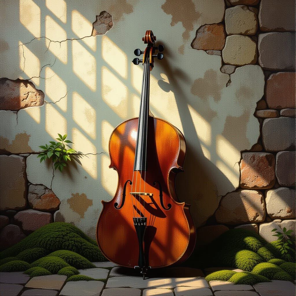 Weathered Cello on Stone Wall with Dappled Light