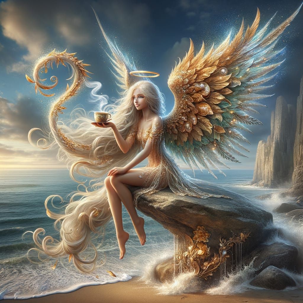 Golden Angel Sipping Coffee at Sunrise