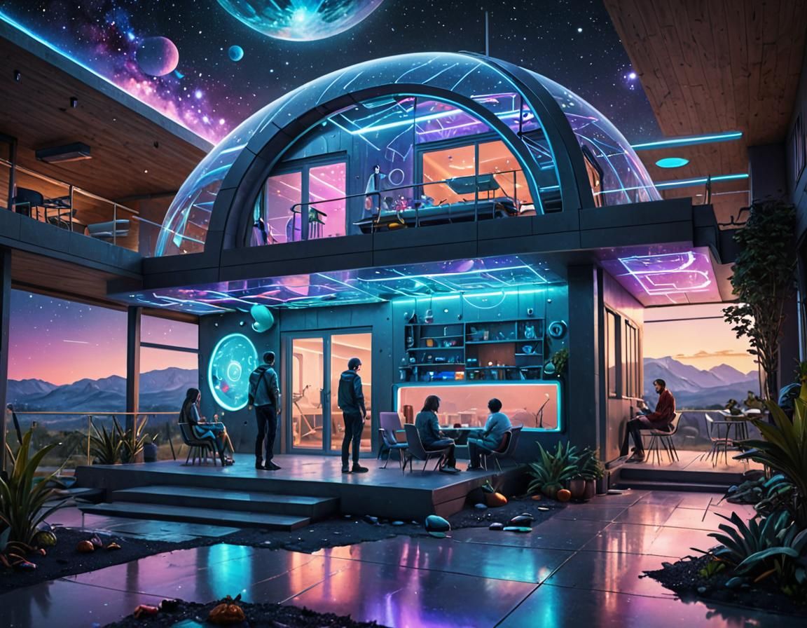 Futuristic Family Home: Holographic Cosmic Illustration