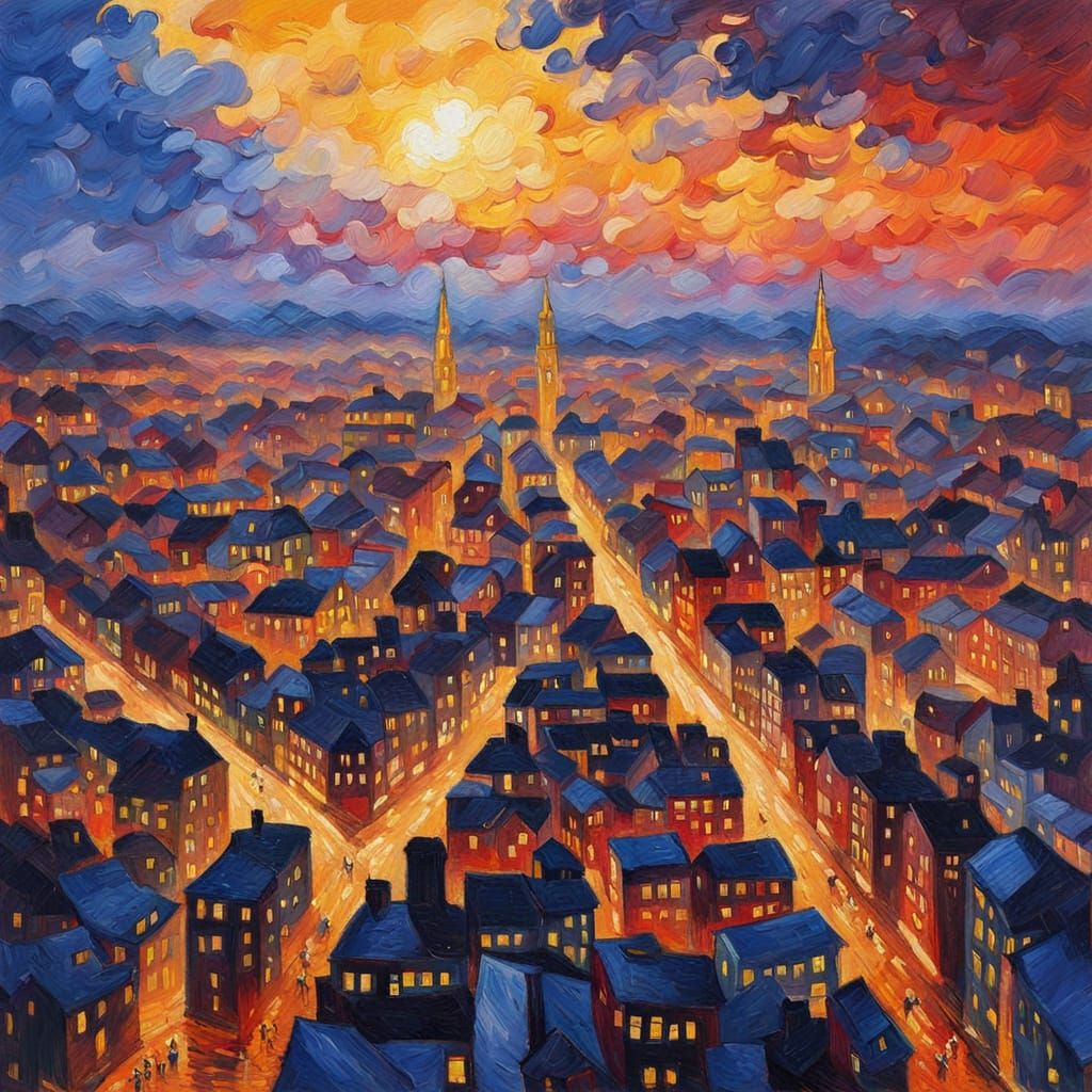 Frankfurt Sunset: An Expressionist Impasto Oil Painting