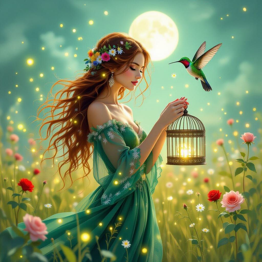 Bohemian Woman in Firefly Field, Dreamy Watercolor