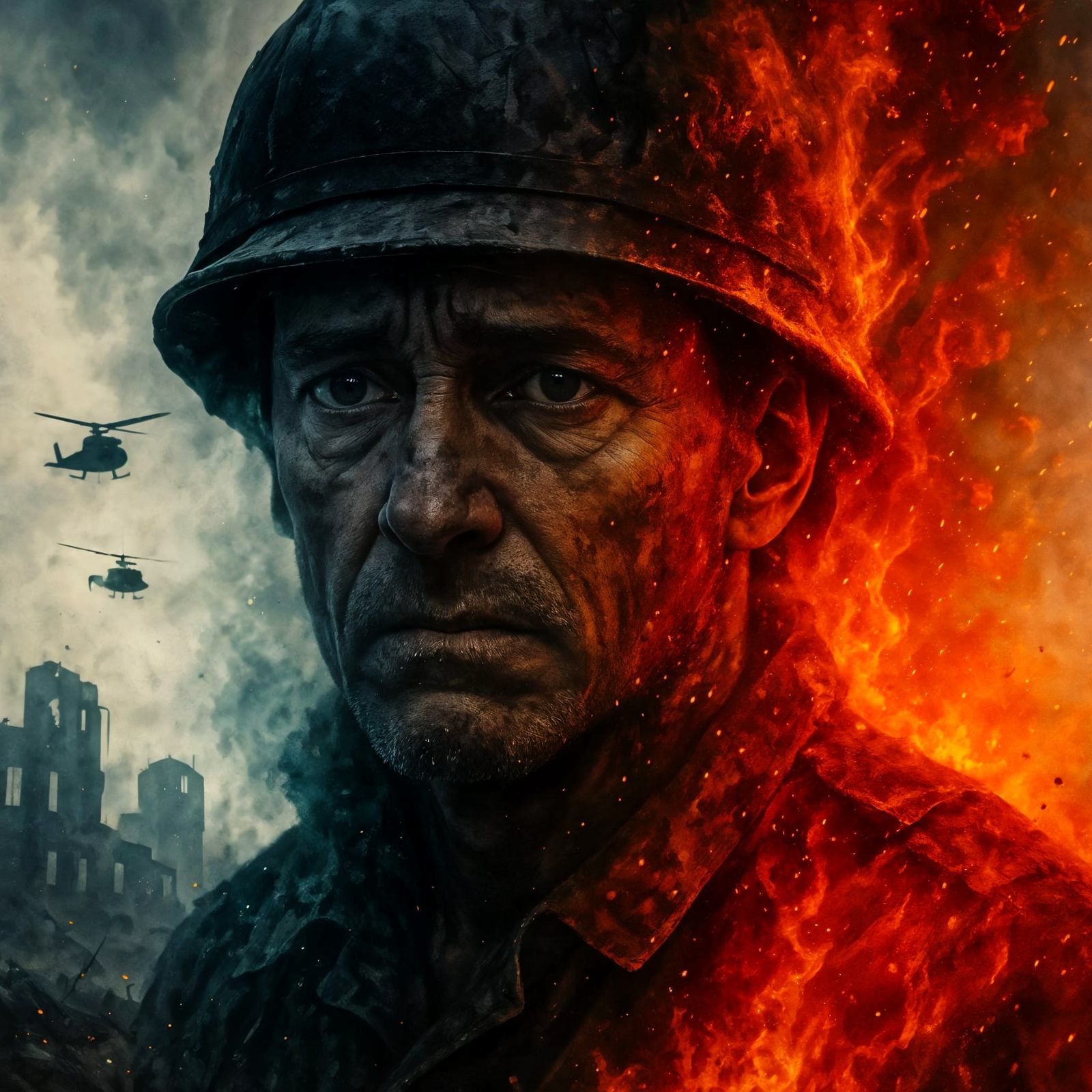 Burning Battlefield: Soldier's Sorrow in Digital Surrealism
