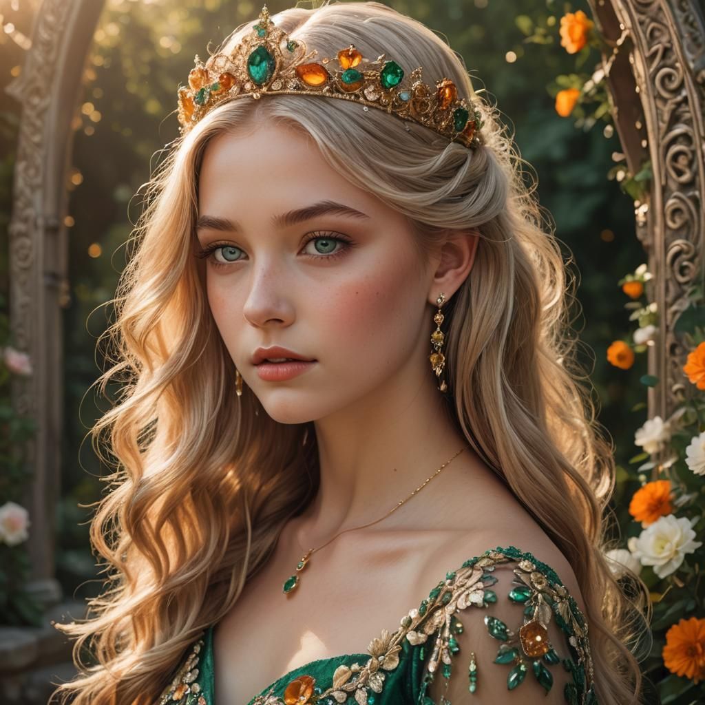 Princess with Emerald Eyes in Opulent Throne Room