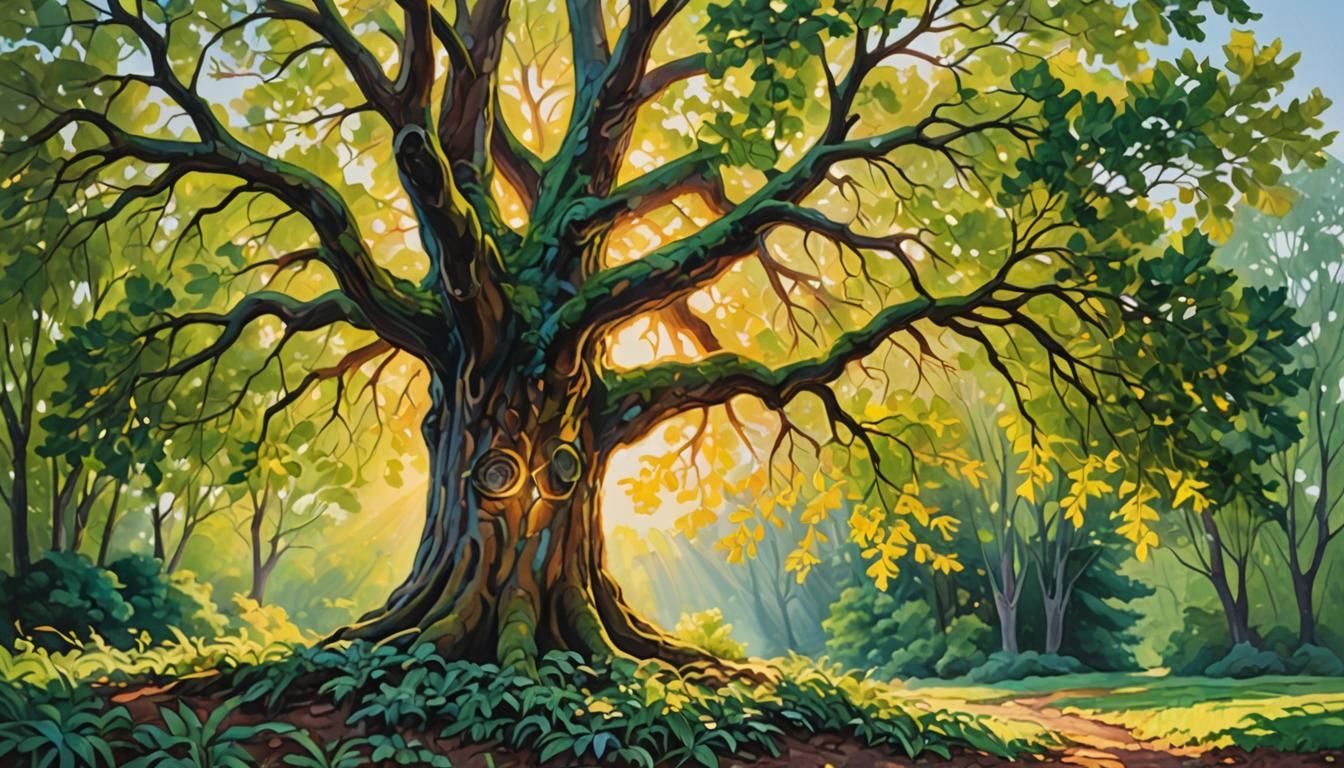 Majestic Tree in Golden Light: An Oil Painting