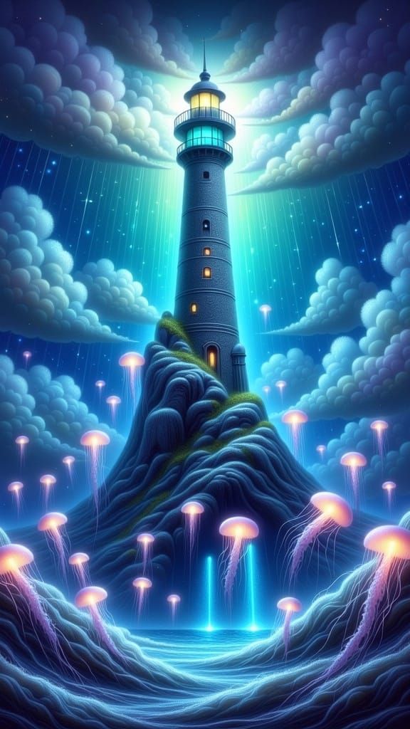 Mystical Lighthouse Illuminates Glowing Jellyfish Fantasy