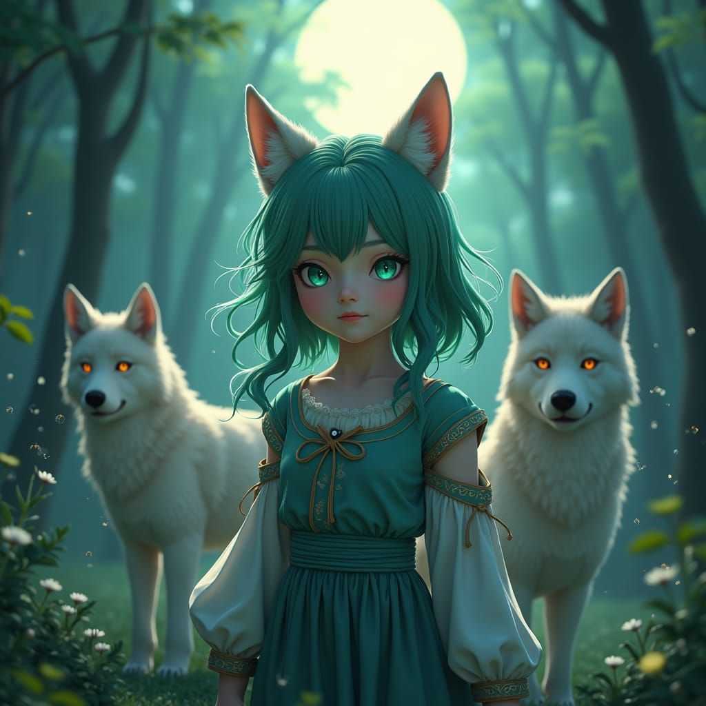 Ethereal Girl with Wolf Ears in Moonlit Forest