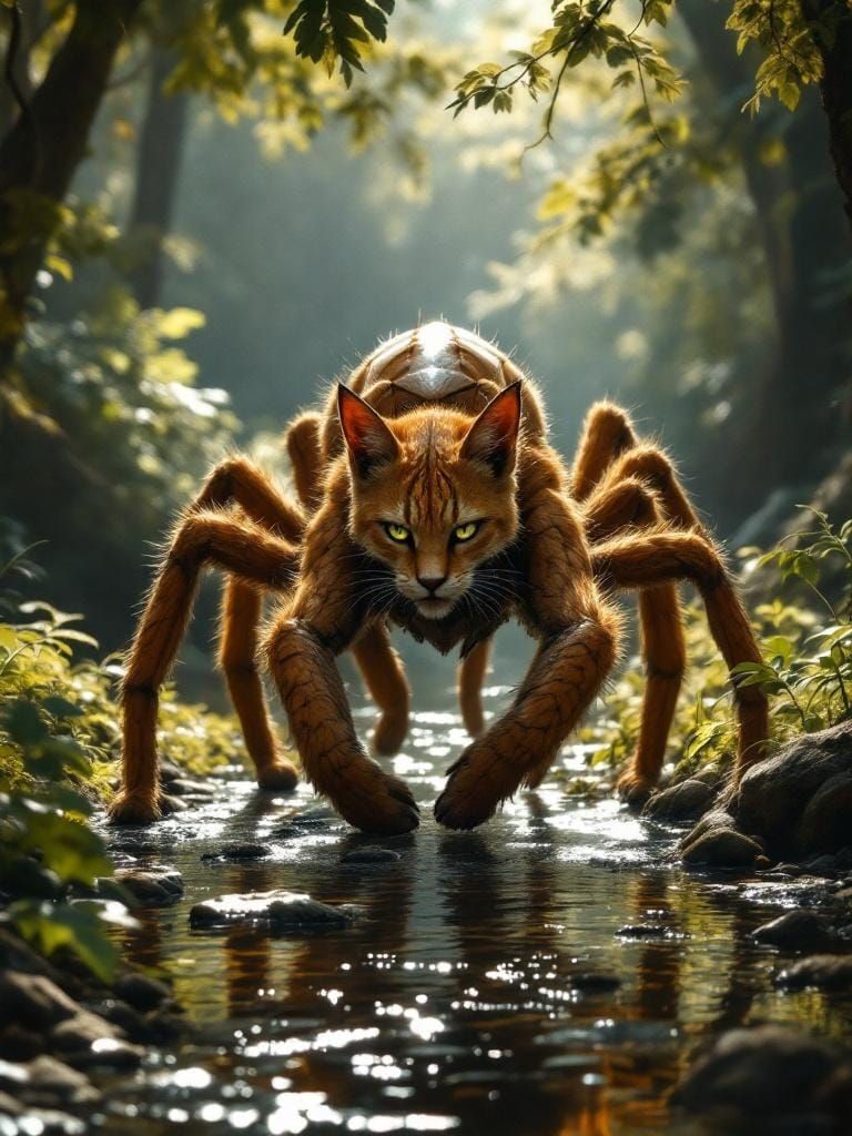 Caracal-Spider Chimera in Dark Fantasy Forest