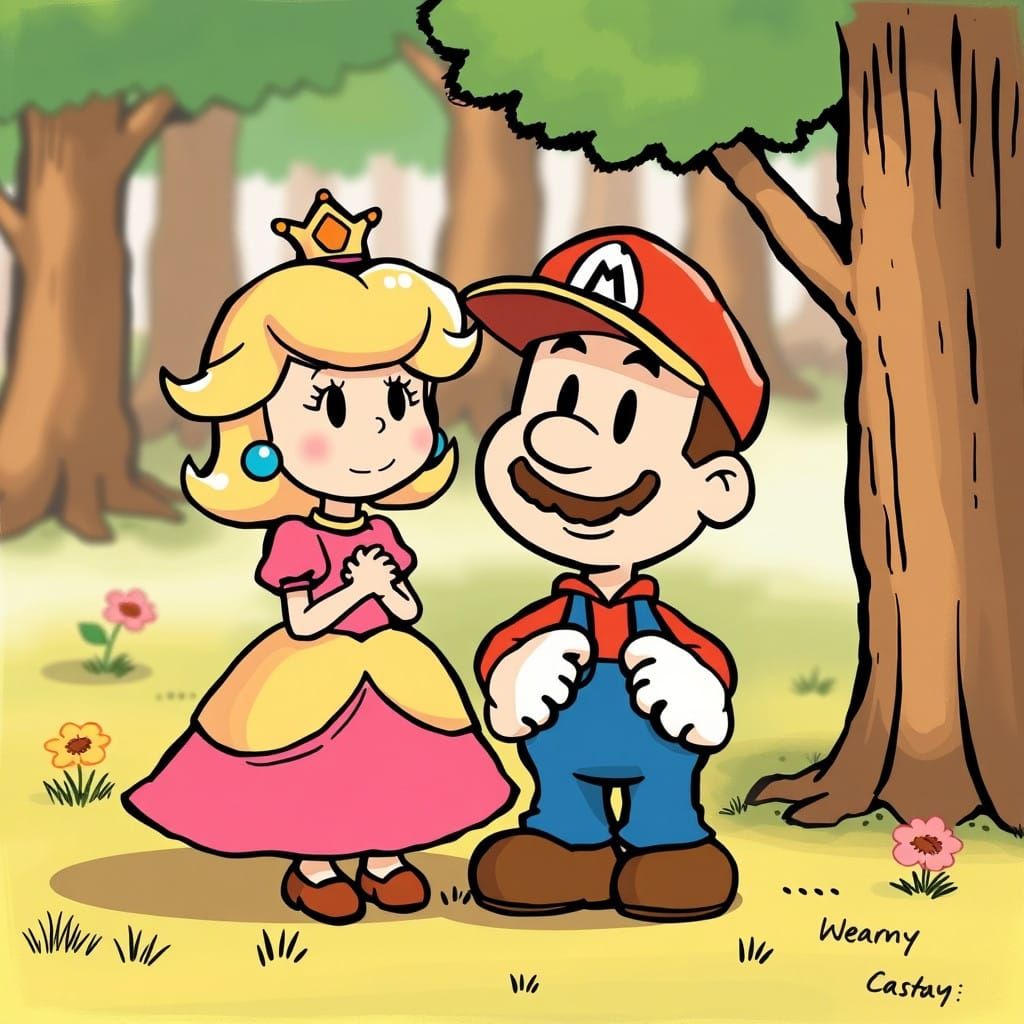 Princess Peach and Mario in Cartoon Anime Style
