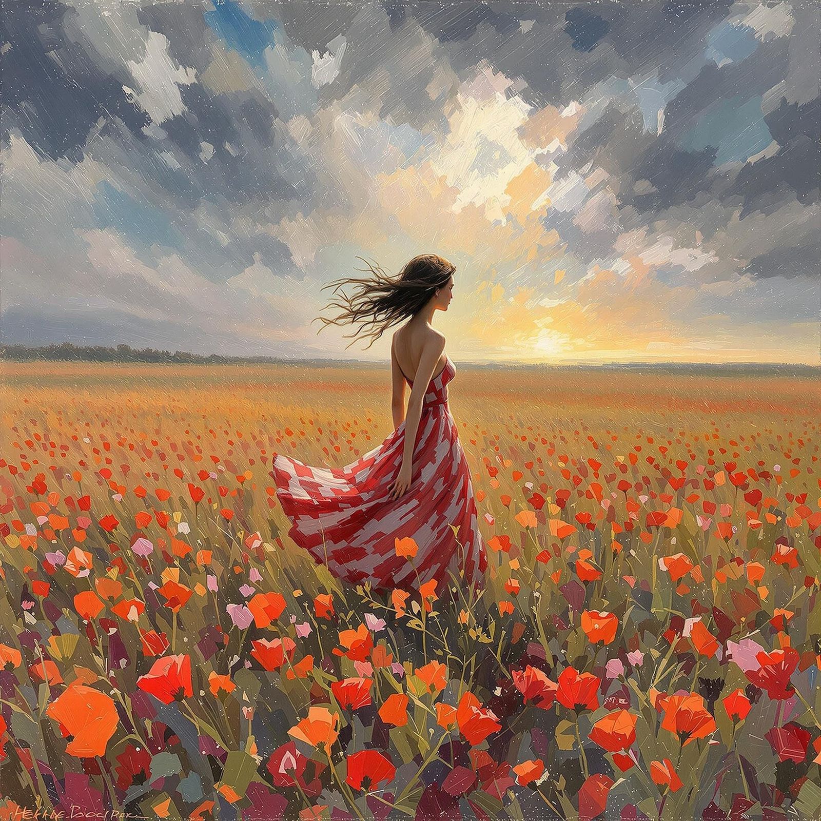 Impressionist Woman Amidst Swaying Coquelicots