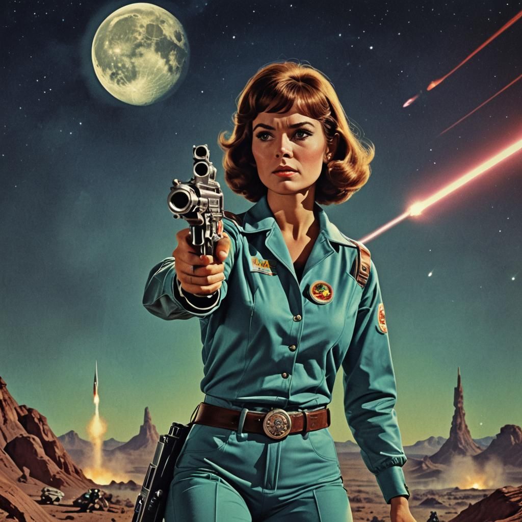 Retro Sci-Fi Book Cover with Woman and Laser Gun