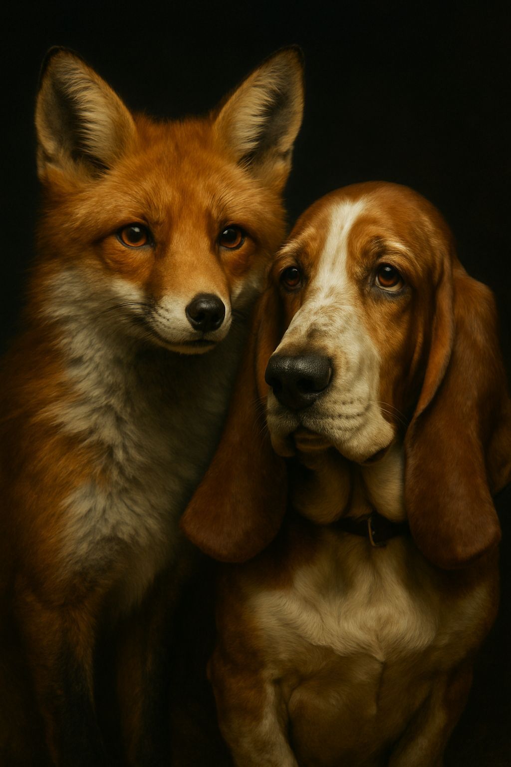 Realistic Red Fox and Bassett Hound Portrait