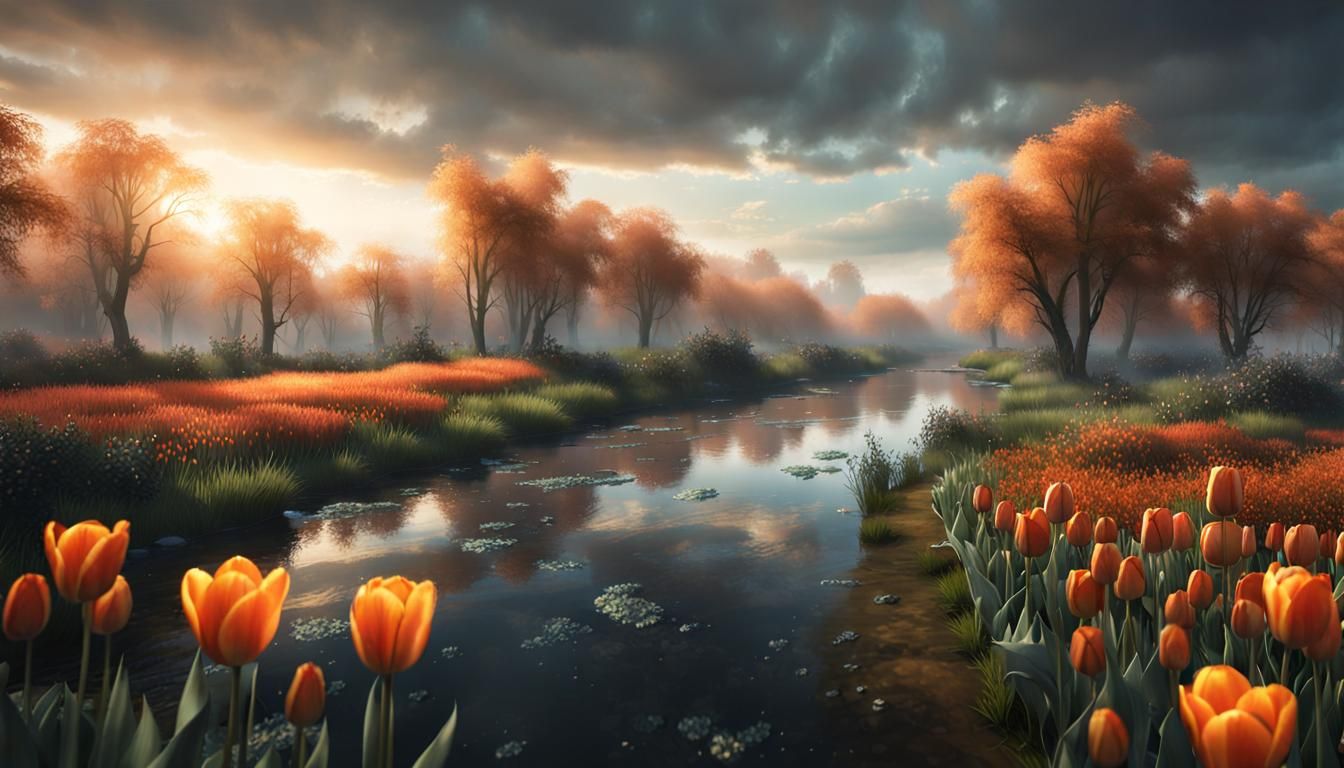 Dutch Landscape with Bioluminescent Tulips, Gaming Style