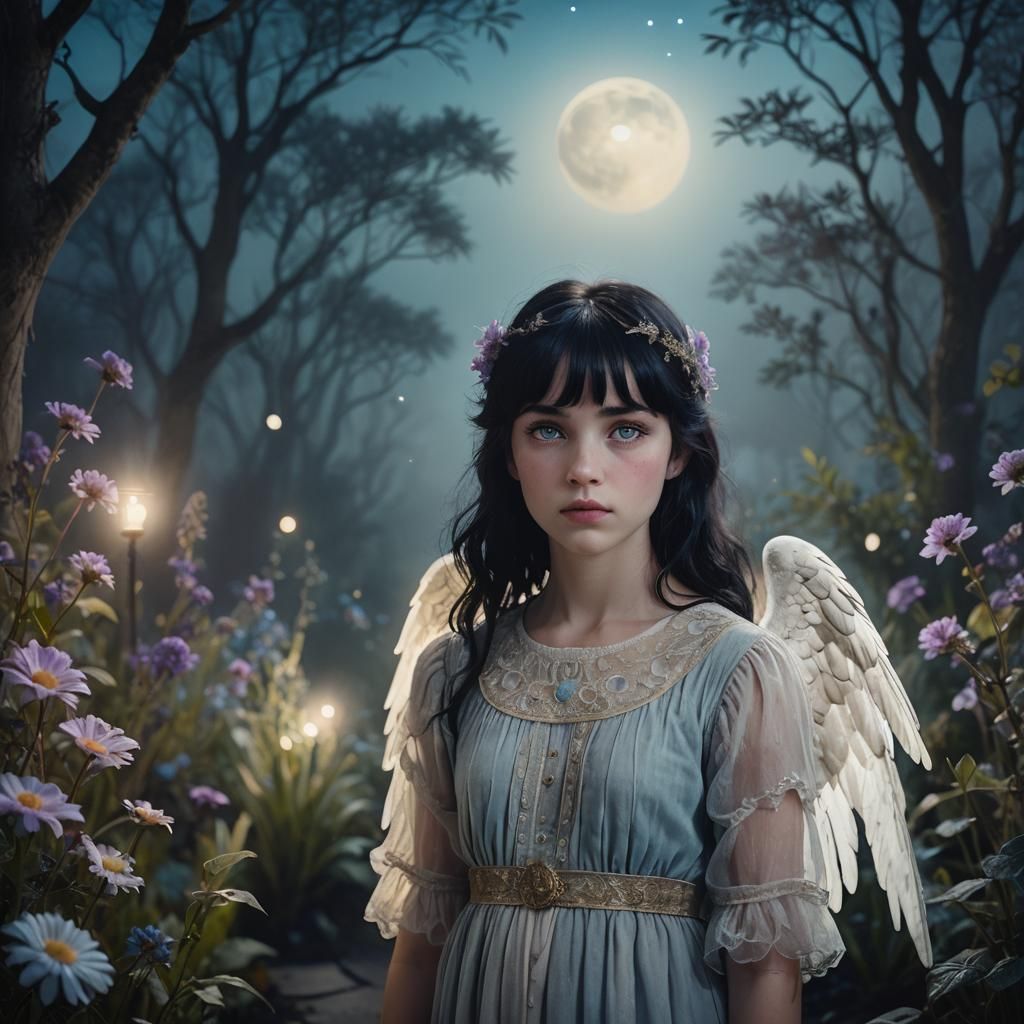 Ethereal Guardian Angel in Moonlit Garden