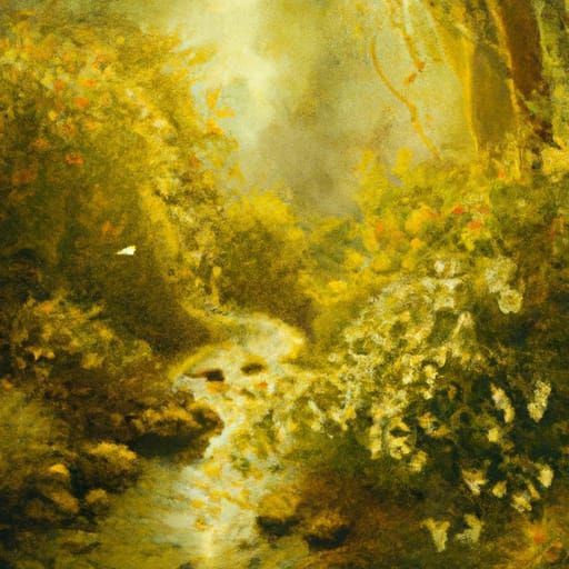 Golden Forest Glade with Stream in Old Master Style