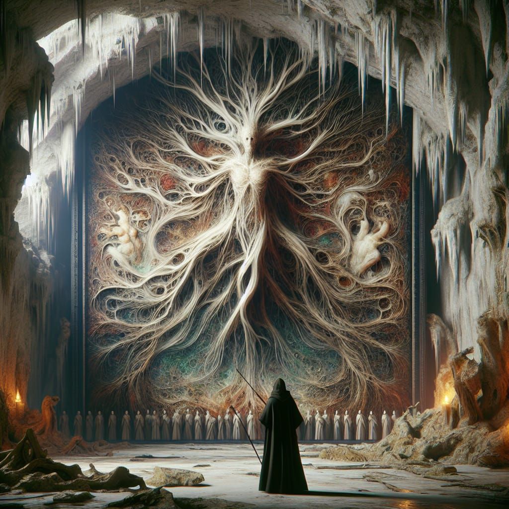 Mysterious Figure Gazing at Bizarre Cave Art