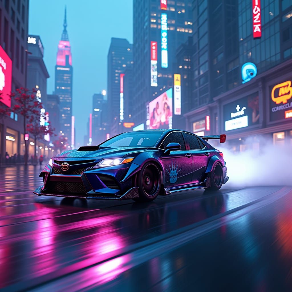 Cyberpunk Camry in Neon Cityscape