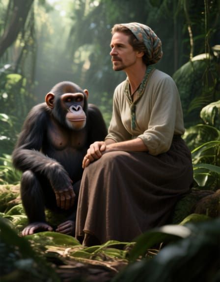 Pedro Pascal as Jane Goodall in Lush Jungle with Chimpanzee