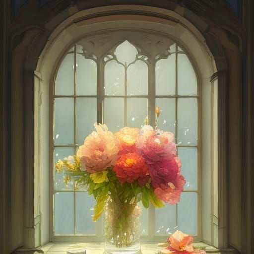 Floral Watercolour Window in Art Nouveau Style