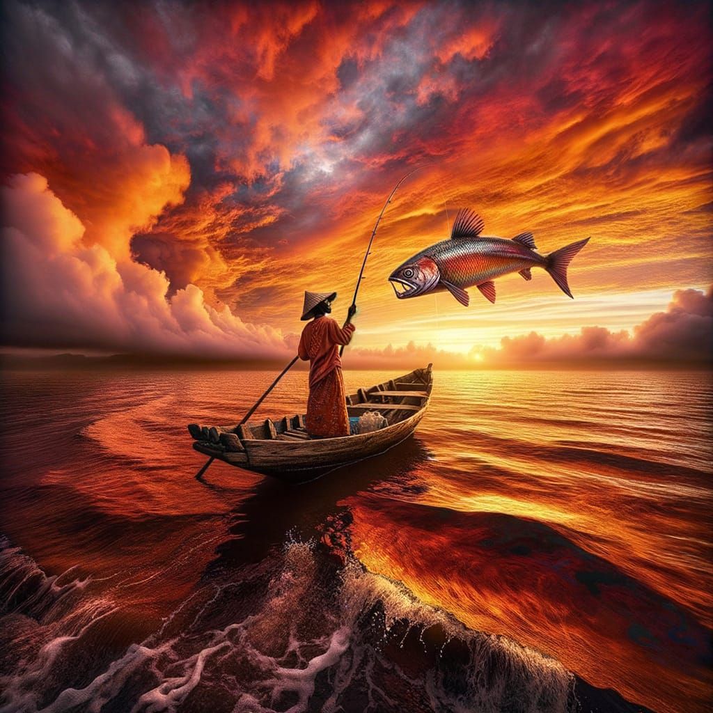 Surreal Fisherwoman Catches Humanoid Fish at Dawn