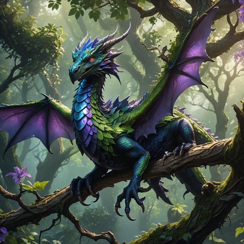 Violet Wyvern Perched in Ancient Tree: 3D Art