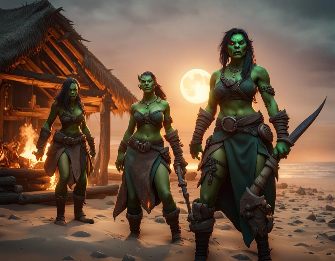 Female Orc Hunters Celebrate Victory: 3D Game Cinematic